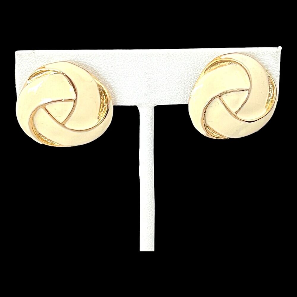 Vintage 1980s Clip On Earrings Gold Tone Enamel Knot Design - 2X
